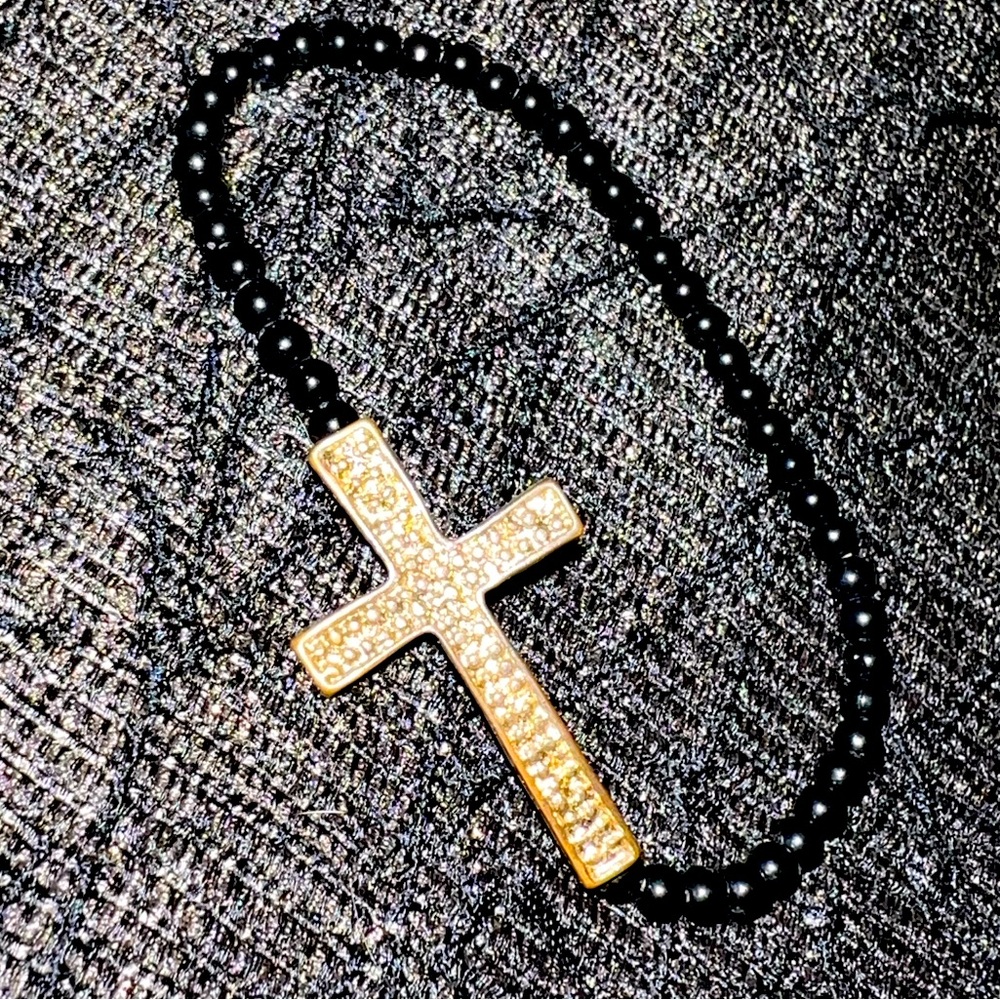 Gold & Rhinestone Cross & Black Bead Bracelet